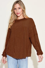 Brown Ribbed Knit Top Regular Size Long Sleeve Sweater for Women Dark Brown