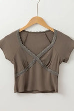 Brown Ribbed Knit Top with Lace Trim for Women Woman T Shirts
