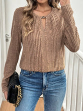 Brown Ribbed Long Sleeve Knit Top for Women