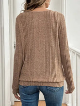 Brown ribbed long sleeve knit top for women, crew neck sweater