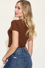 Brown Ribbed Round Neck Short Sleeve Crop Top for Women Woman T Shirts