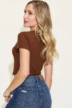 Brown Ribbed Round Neck Short Sleeve Crop Top for Women