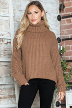Brown Ribbed Turtleneck Sweater Long Sleeve Pullover