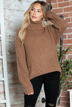 Brown Ribbed Turtleneck Sweater Long Sleeve Pullover