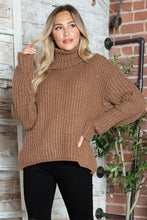 Brown Ribbed Turtleneck Sweater Long Sleeve Pullover