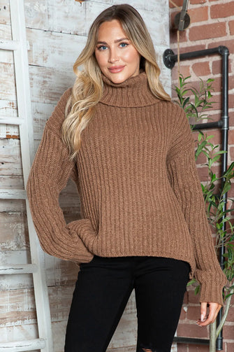 Brown Ribbed Turtleneck Sweater Long Sleeve Pullover Brown