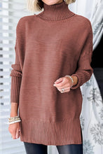 Brown Ribbed Turtleneck Sweater with Long Sleeve Length Brick Red