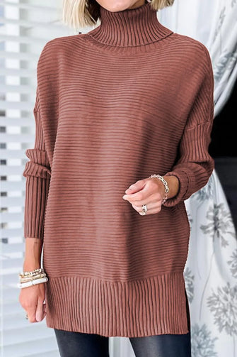 Brown Ribbed Turtleneck Sweater with Long Sleeve Length Brick Red