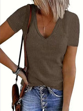 Brown Ribbed V Neck Short Sleeve T Shirt for Women Coffee Brown