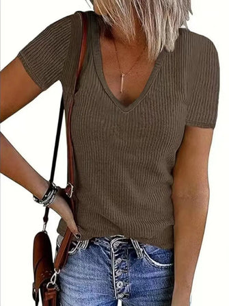 Brown Ribbed V Neck Short Sleeve T Shirt for Women Coffee Brown