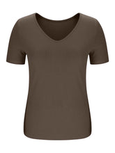 Brown Ribbed V Neck Short Sleeve T Shirt for Women