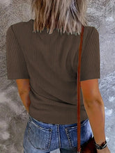 Brown Ribbed V Neck Short Sleeve T Shirt for Women