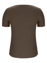 Brown Ribbed V Neck Short Sleeve T Shirt for Women