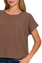 Brown Round Neck Short Sleeve T-Shirt with Chest Pocket for Women