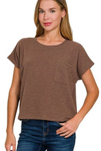 Brown Round Neck Short Sleeve T-Shirt with Chest Pocket for Women BROWN