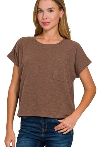 Brown Round Neck Short Sleeve T-Shirt with Chest Pocket for Women BROWN