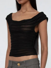 Black sheer off-shoulder ruched crop top with scalloped neckline
