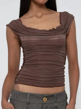 Brown ruched crop top with scalloped edges and square neckline