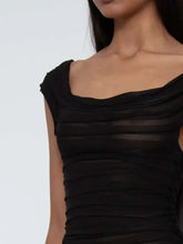 Black sheer mesh dress with ruched cap sleeves and scalloped open back