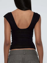Black ribbed crop top with cap sleeves and square neckline