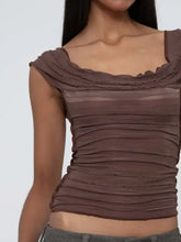 Brown ruched crop top with scalloped neckline and open back