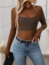 Brown Sheer Mesh Long Sleeve Top for Women