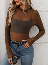 Brown Sheer Mesh Long Sleeve Top for Women