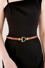 Thin brown skinny PU belt with gold equestrian toggle buckle