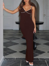 Brown Spaghetti Strap Maxi Dress with White Trim