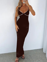 Brown Spaghetti Strap Maxi Dress with White Trim