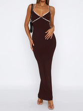 Brown Spaghetti Strap Maxi Dress with White Trim Brown