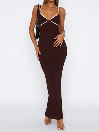 Brown Spaghetti Strap Maxi Dress with White Trim Brown