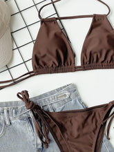 Brown String Bikini Set with Denim Shorts