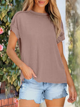 Brown Striped Ribbed Knit Short Sleeve Shirt for Women