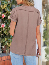 Brown Striped Ribbed Knit Short Sleeve Shirt for Women