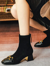 Brown Suede Ankle Boots with Gold Buckle and Metallic Accents