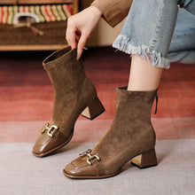 Brown Suede Ankle Boots with Gold Buckle and Metallic Accents Woman Boots