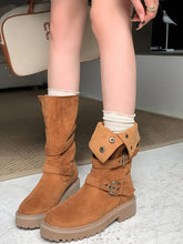 Brown Suede Buckle Boots with White Fleece Trim for Women Brown