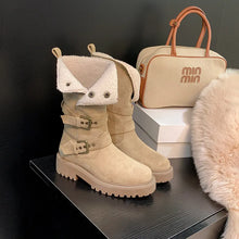 Brown Suede Buckle Boots with White Fleece Trim for Women