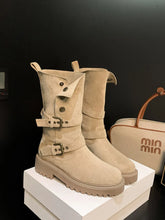 Brown Suede Buckle Boots with White Fleece Trim for Women