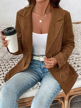 Brown suede double-breasted blazer with decorative pocket flap lapel