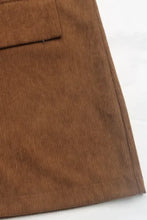 Brown suede blazer with decorative pocket flap lapel and corduroy pants