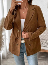 Brown suede double-breasted blazer with decorative pocket flap lapel