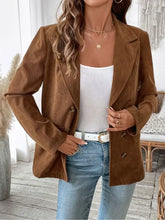 Brown suede double-breasted blazer with decorative pocket flap lapel