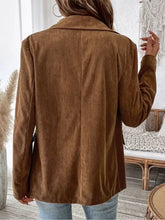 Brown suede double-breasted blazer with decorative pocket flap lapel