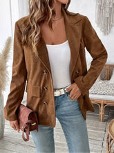 Brown suede double-breasted blazer with decorative pocket flap lapel