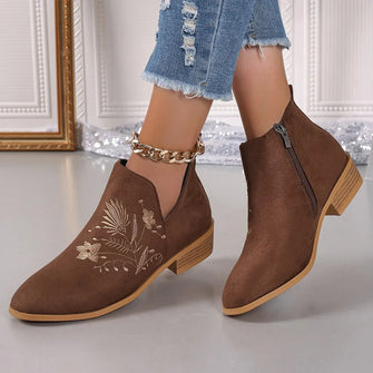 Brown Suede Embroidered Ankle Boots for Women Brown