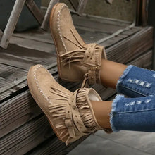 Brown suede fringe ankle boots with tan fringe and woven stitching