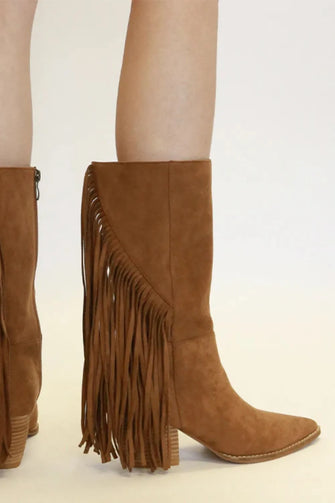 Brown Suede Fringe Point Toe Boots for Women Coffee
