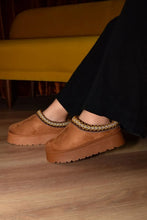 Brown Suede Platform Boots with Embroidered Trim Round Toe Brown